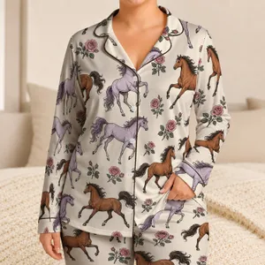 Equestrian Horses and Roses for Elegant Lounging, Relaxed Homewear Gift for Women Satin Pajamas Set