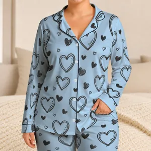 Powder Blue Heart Doodle Lounge Set For Cozy Evenings, Relaxed Weekends, And Gifting Satin Pajamas Set