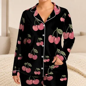 Pink Cherry Fruit Motif For Cozy Summer Lounging At Home, Women's Cute Gift Idea Satin Pajamas Set