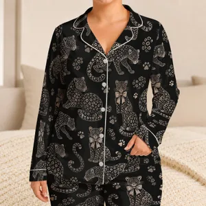 Monochrome Leopard Panther Bow Lounge Gift for Women, Vintage Cat Lover Homewear Satin Pajamas Set