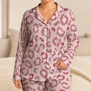 Blush Pink Leopard Spots For Summer Lounging, Elegant Rose Style Gift For Chic Women Satin Pajamas Set