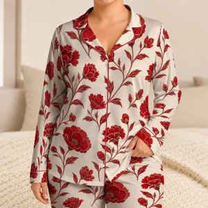Crimson Poppy Floral Botanical Motif for Cozy Autumn Lounging and Gift Giving Women Satin Pajamas Set