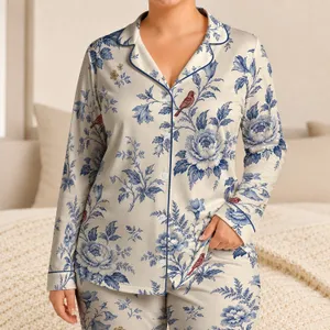 Blue Botanical Toile Floral Garden Motif for Cozy Spring Summer Lounging Gift Ideas Satin Pajamas Set