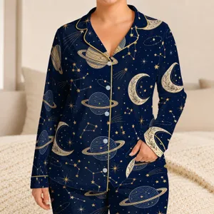 Celestial Moon And Planet Night Sky Motifs For Cozy Home Lounging And Relaxation Satin Pajamas Set
