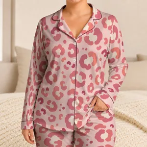 Pink Leopard Rosettes for Cozy Weekend Lounging, Women's Two-Piece Long Sleeve Lounge Set Satin Pajamas Set