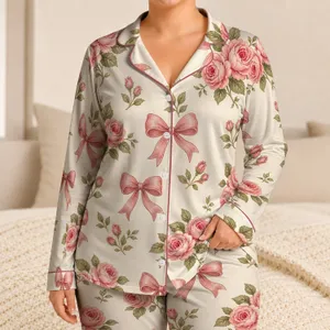 Dusty Rose Bows and Floral Clusters for Romantic Lounging and Relaxing, Women's Gift Satin Pajamas Set