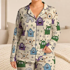 Cute Monster Mummy Eye Cartoon for Cozy Summer Home Relaxation and Halloween Fans Satin Pajamas Set