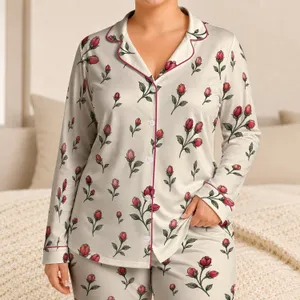 Vintage Rosebud Botanical Summer Lounging Set for Women, Casual Relaxed Home Style Satin Pajamas Set