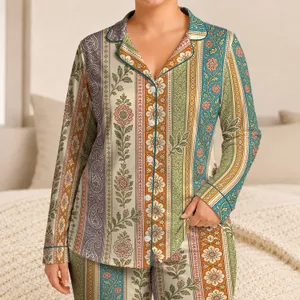 Vintage Botanical Paisley Patchwork Motifs for Summer Lounging and Relaxed Weekends Satin Pajamas Set