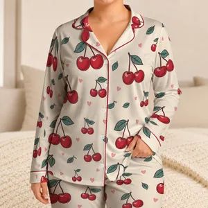 Cherry And Leaf Motif For Cozy Evenings, Relaxed Weekend Lounging And Gift Giving Satin Pajamas Set