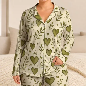 Olive Green Heart Motif Cream Botanical Style Cozy Loungewear Gift For Women And Teens Satin Pajamas Set