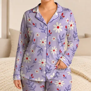 Lavender Daisy Floral with Cherry-Red Centers for Cozy Home Lounging, Women’s Gift Satin Pajamas Set