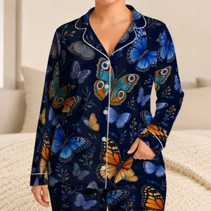 Midnight Navy Butterfly Motif for Cozy Lounging, Relaxed Bedtime, and Whimsical Styling Satin Pajamas Set