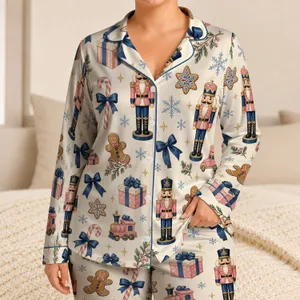 Christmas Nutcracker Gifts, Bows And Candy Canes For Cozy Holiday Lounging At Home Satin Pajamas Set