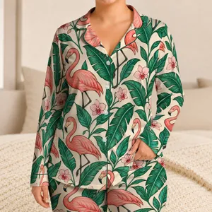 Coral Flamingo Tropical Leaves Botanical Motif Summer Vacation Lounge Gift For Women Satin Pajamas Set