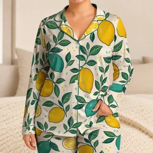 Lemon Citrus Fruit and Leaf Motifs for Cozy Home Lounging, Women's Stretch Comfort Satin Pajamas Set