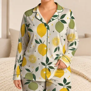 Lemon Citrus Fruit Motifs for Bright Summer Lounging and Relaxed Everyday Wear for Women Satin Pajamas Set