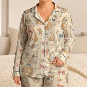 Vintage Cat Vanity Mirror Cozy Lounge Gift for Cat Lovers and Cute Kawaii Cat Fans Satin Pajamas Set
