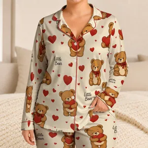 Teddy Bear Hearts Little Bear Romantic Gift for Couples Cozy Valentine Lounge Style Satin Pajamas Set