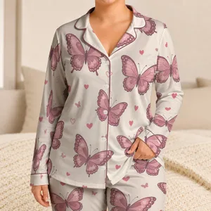 Dusty Rose Butterfly Hearts Cozy Bedtime Lounge Style For Romantic At-Home Women Satin Pajamas Set