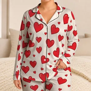 Red Heart Motif Valentine's Day Loungewear Gift For Women, Romantic Cozy Style At Home Satin Pajamas Set
