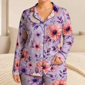 Coral Lavender Botanical Blooms for Cozy Spring Lounging, Relaxing, and Gift Giving Satin Pajamas Set
