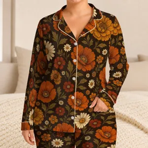 Vintage 70s Floral Boho Motif for Cozy Evenings and Relaxed Weekend Lounge Style Satin Pajamas Set