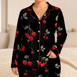 Black Cherry Motif Cozy Homewear for Relaxed Evenings and Holiday Gifts for Women Satin Pajamas Set