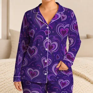 Purple Neon Heart Motifs for Cozy Nights and Romantic Lounging, Plus Size Gift Idea Satin Pajamas Set