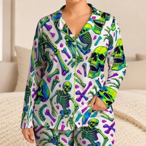 Neon Green Skeleton Skull Streetwear Style Halloween Lounge Nights Gift Idea For Women Satin Pajamas Set