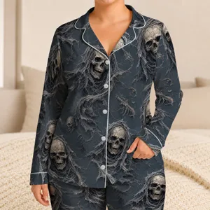Gothic Undead Skull Shrouds For Dark Nights, Halloween Lounging And Alternative Fans Satin Pajamas Set
