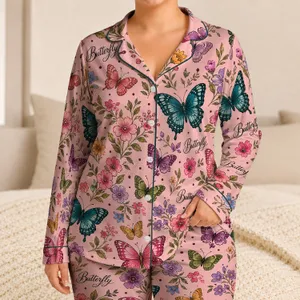 Butterfly Script Lounge Set for Cozy Home Relaxation, Weekend Comfort and Gifting Satin Pajamas Set