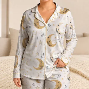 Crescent Moon And Star Motifs For Cozy Nighttime Lounging And Relaxed Homewear For Women Satin Pajamas Set