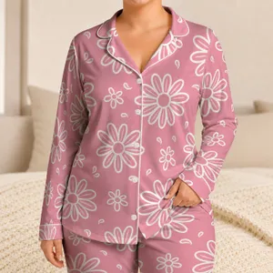 Pink Daisy Floral Motif, Cheerful Lounge Style For Springtime Gifts And Girly Looks Satin Pajamas Set