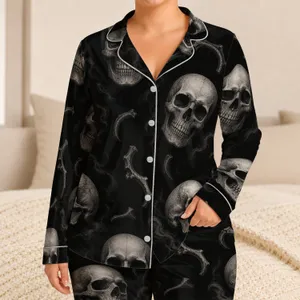 Monochrome Skull Motifs for Halloween Lounging, Gothic Night Style, Women's Plus Size Satin Pajamas Set