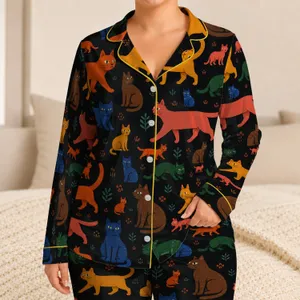 Colorful Cat Motif Cozy Loungewear for Relaxed Evenings, Travel, and Weekend Comfort Satin Pajamas Set