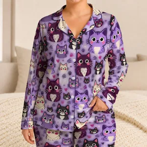 Whimsical Cat Faces On Lavender For Cozy Lounging, Relaxed Weekends And Cat Lovers Satin Pajamas Set