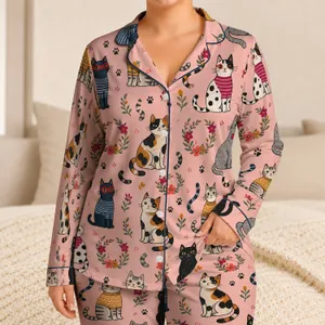 Whimsical Cat Floral Motifs for Cozy Lounging, Cat Lover Gifts, and Everyday Home Comfort Satin Pajamas Set
