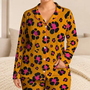 Burnt Orange Leopard Spots with Pink Accents for Cozy Lounging and Travel Style at Home Satin Pajamas Set