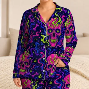 Neon Cyberpunk Skull Motifs for Festivals, Nightlife, and Bold Plus Size Streetwear Satin Pajamas Set