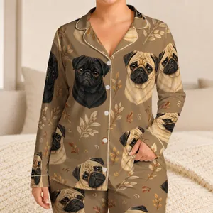 Vintage Pug Portraits In Taupe Caramel For Cozy Pet Lover Lounging, Unisex Gift Idea Satin Pajamas Set