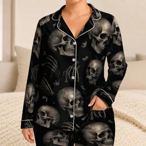 Gothic Human Skull Motifs for Dark Streetwear Lounging and Unisex Alternative Style Satin Pajamas Set