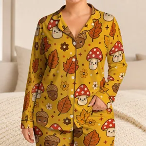 Kawaii Mushroom Acorn Autumn Woodland Motifs for Cozy Lounging and Fall Gatherings Satin Pajamas Set