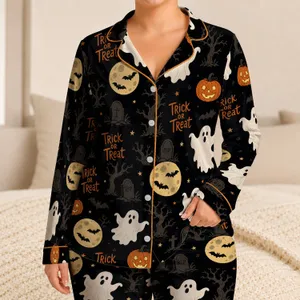Halloween Ghosts Jack O Lanterns and Bats for Festive Nights, Trick or Treat Fans Satin Pajamas Set