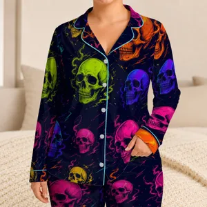 Neon Skull Smoke Look for Halloween Lounging and Gothic Nights, Plus Size Wear Satin Pajamas Set