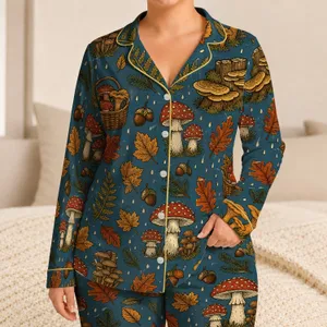 Vintage Mushroom Woodland Autumn Motifs for Cozy Loungewear, Cabin Days and Nature Lovers Satin Pajamas Set