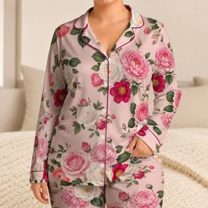 Blush Rose Peony Floral Garden Motif For Romantic Lounging And Cozy Spring Evenings Satin Pajamas Set