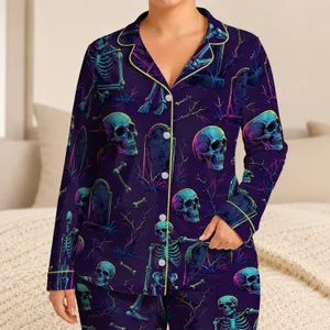 Gothic Skeleton Skull Cemetery Bones for Halloween Nighttime Comfort Alternative Adults Satin Pajamas Set