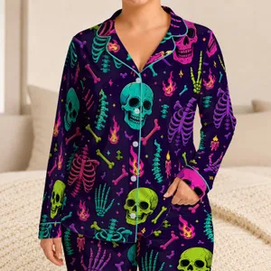 Neon Gothic Skeleton Skulls For Cozy Lounging And Spooky Nighttime Relaxation At Home Satin Pajamas Set