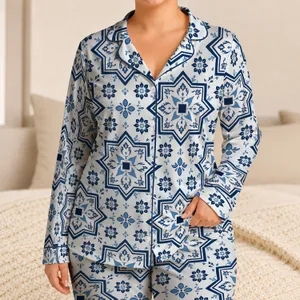 Blue Moroccan Star Tile Geometry For Resort Lounging, Travel, And Everyday Comfort Satin Pajamas Set